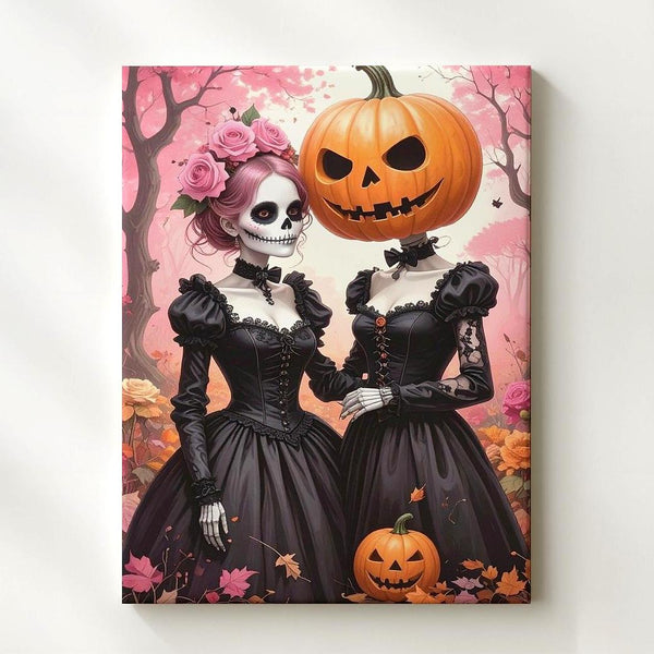Gothic Sisters Canvas – Skull & Pumpkin Elegance Halloween Wall Art - Gifitto