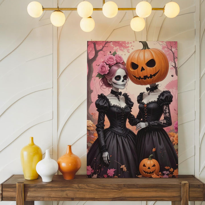 Gothic Sisters Canvas – Skull & Pumpkin Elegance Halloween Wall Art - Gifitto
