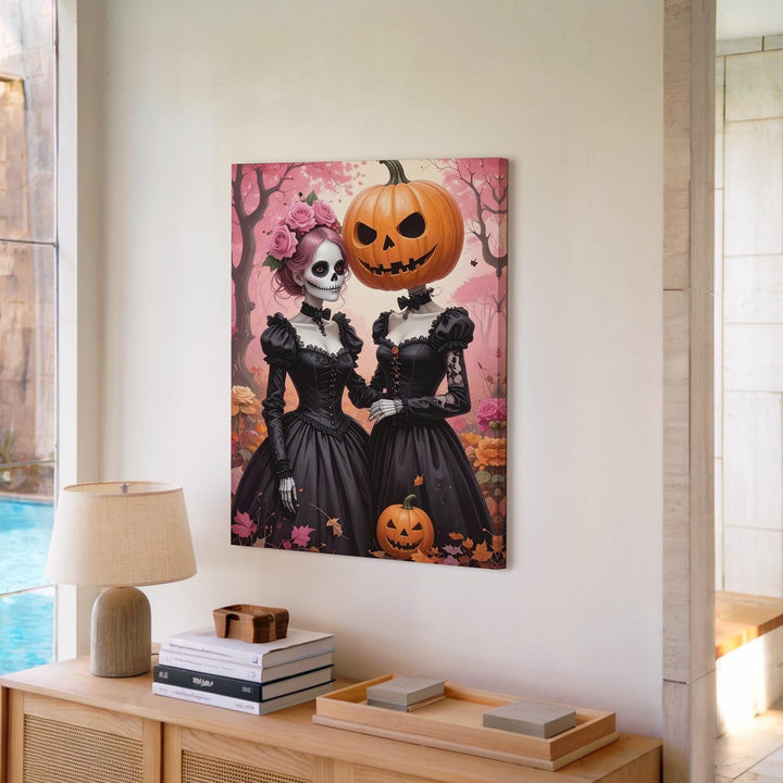 Gothic Sisters Canvas – Skull & Pumpkin Elegance Halloween Wall Art - Gifitto