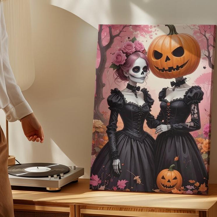 Gothic Sisters Canvas – Skull & Pumpkin Elegance Halloween Wall Art - Gifitto