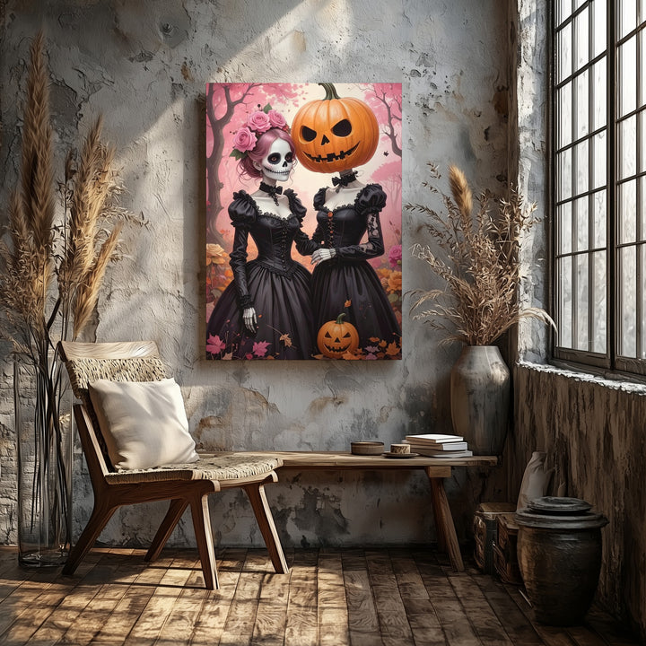 Gothic Sisters Canvas – Skull & Pumpkin Elegance Halloween Wall Art - Gifitto