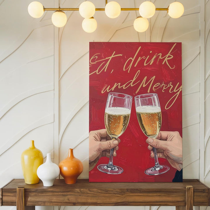 Holiday Toast Canvas – “Eat, Drink & Be Merry” Champagne Cheers Wall Art - Gifitto