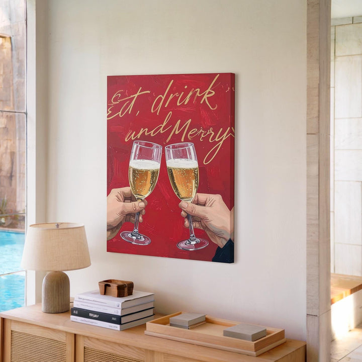 Holiday Toast Canvas – “Eat, Drink & Be Merry” Champagne Cheers Wall Art - Gifitto