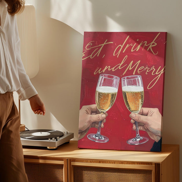 Holiday Toast Canvas – “Eat, Drink & Be Merry” Champagne Cheers Wall Art - Gifitto