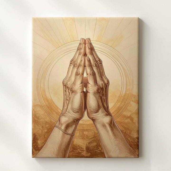 Praying Hands Sketch Canvas – Pencil Drawing with Golden Light Rays - Gifitto