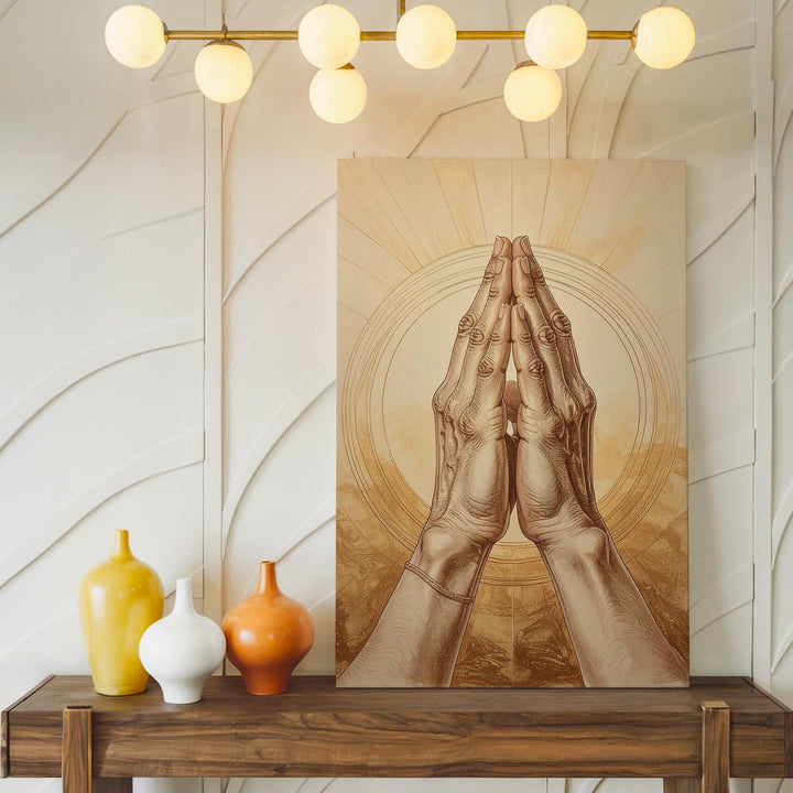 Praying Hands Sketch Canvas – Pencil Drawing with Golden Light Rays - Gifitto
