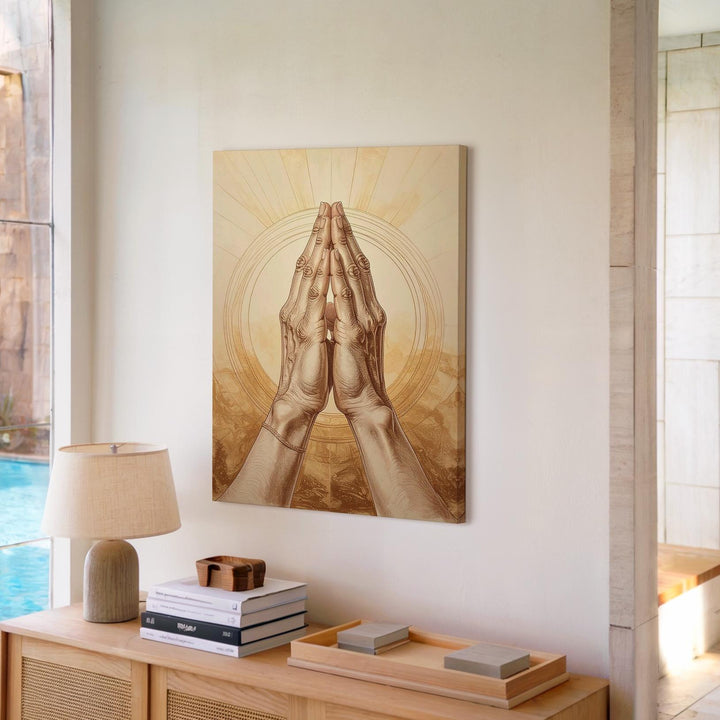 Praying Hands Sketch Canvas – Pencil Drawing with Golden Light Rays - Gifitto