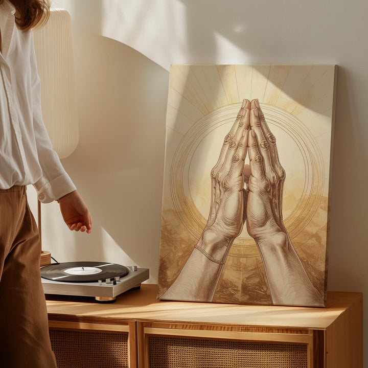 Praying Hands Sketch Canvas – Pencil Drawing with Golden Light Rays - Gifitto