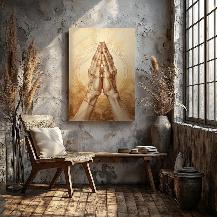 Praying Hands Sketch Canvas – Pencil Drawing with Golden Light Rays - Gifitto