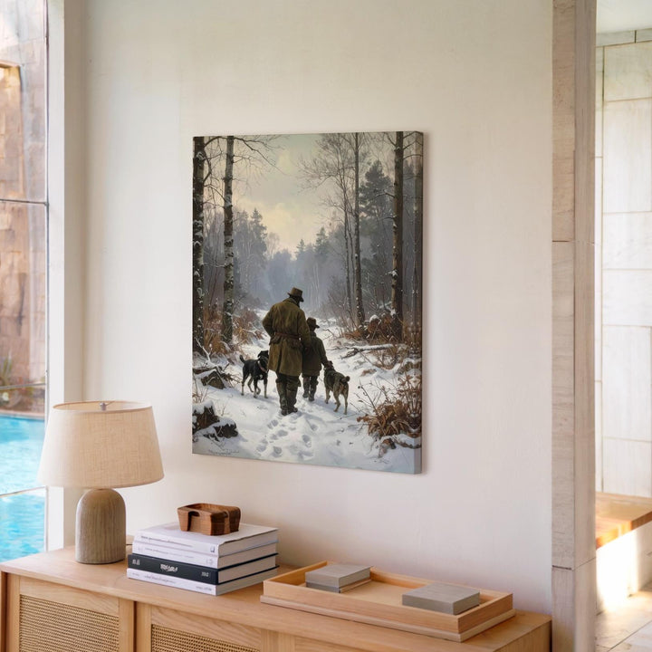 Winter Walk with Hunters Canvas – Vintage Woodland Tradition Wall Art - Gifitto