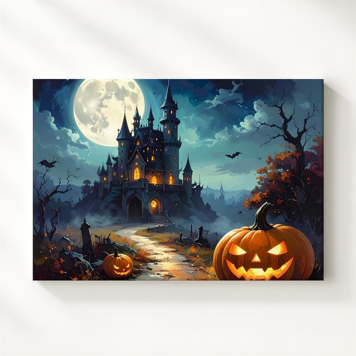 Jack-o’-Lantern Path to Haunted Castle Canvas – Gothic Halloween Fantasy Art - Gifitto