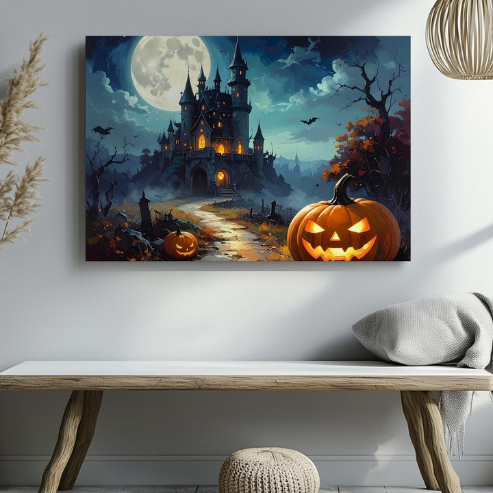 Jack-o’-Lantern Path to Haunted Castle Canvas – Gothic Halloween Fantasy Art - Gifitto