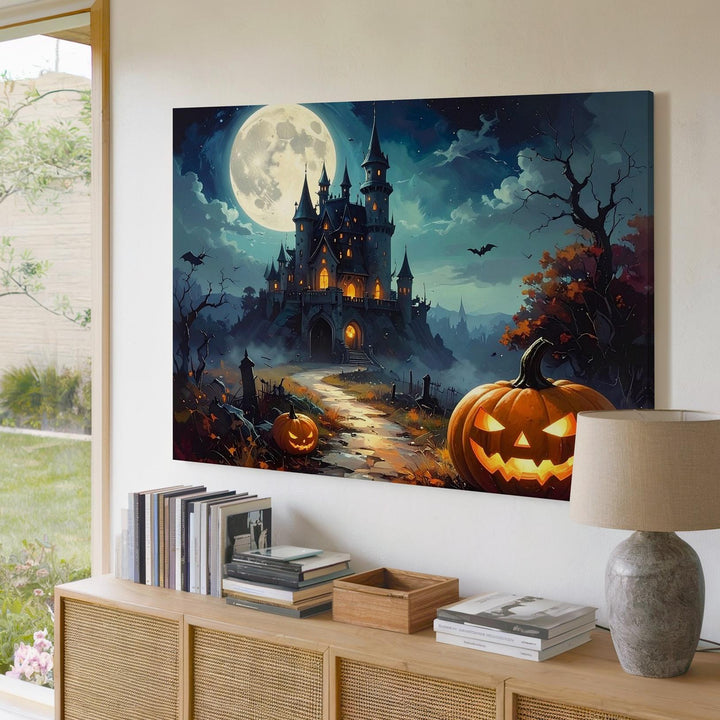 Jack-o’-Lantern Path to Haunted Castle Canvas – Gothic Halloween Fantasy Art - Gifitto