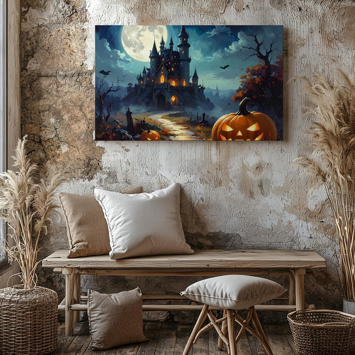Jack-o’-Lantern Path to Haunted Castle Canvas – Gothic Halloween Fantasy Art - Gifitto