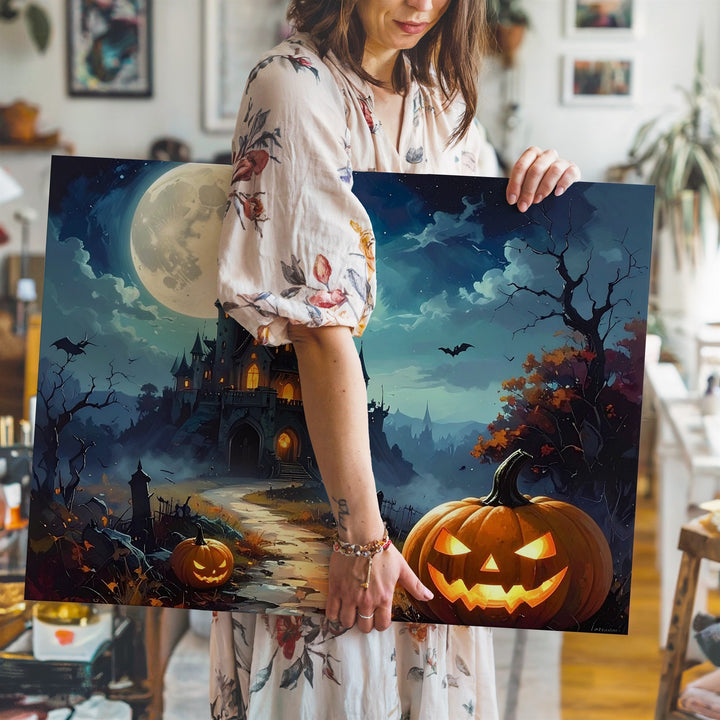 Jack-o’-Lantern Path to Haunted Castle Canvas – Gothic Halloween Fantasy Art - Gifitto