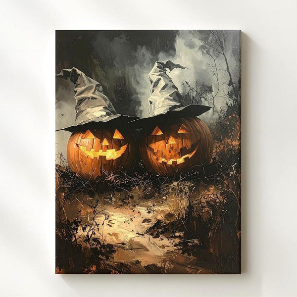 Witch Hat Jack-O’-Lantern Duo Canvas – Rustic Halloween Night Art - Gifitto