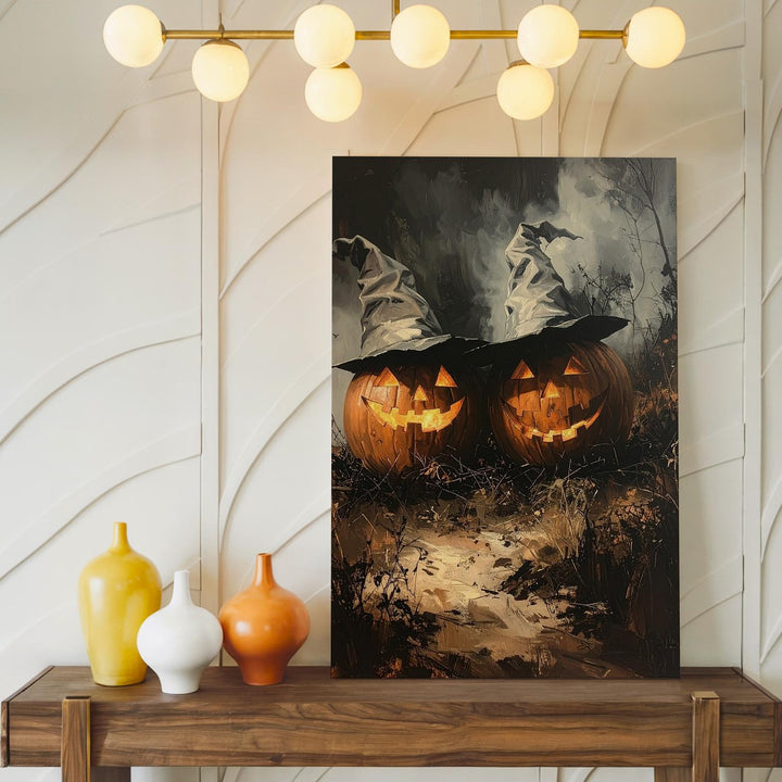 Witch Hat Jack-O’-Lantern Duo Canvas – Rustic Halloween Night Art - Gifitto