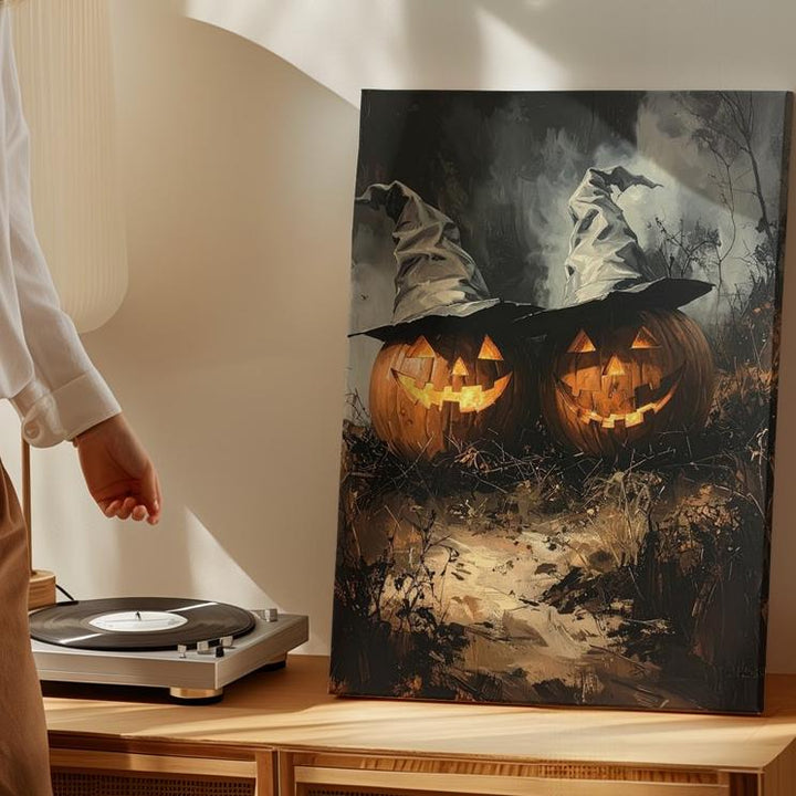 Witch Hat Jack-O’-Lantern Duo Canvas – Rustic Halloween Night Art - Gifitto