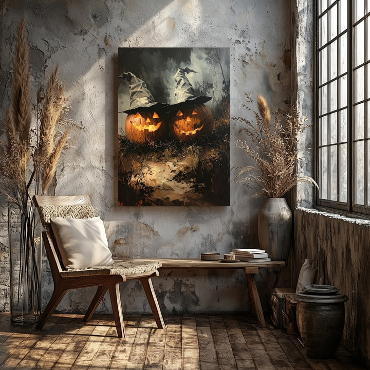 Witch Hat Jack-O’-Lantern Duo Canvas – Rustic Halloween Night Art - Gifitto