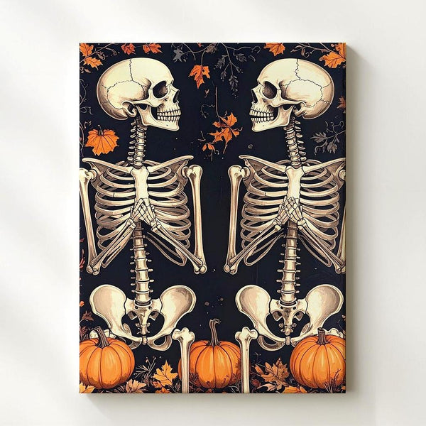 Mirrored Skeletons & Pumpkin Vines Canvas – Gothic Folk Halloween Art - Gifitto