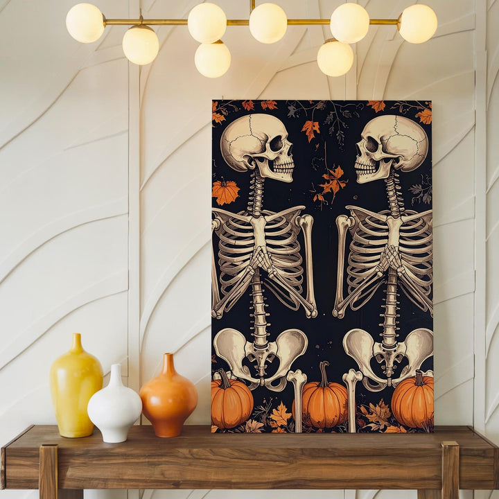 Mirrored Skeletons & Pumpkin Vines Canvas – Gothic Folk Halloween Art - Gifitto
