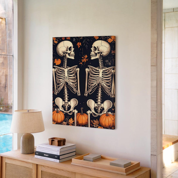 Mirrored Skeletons & Pumpkin Vines Canvas – Gothic Folk Halloween Art - Gifitto