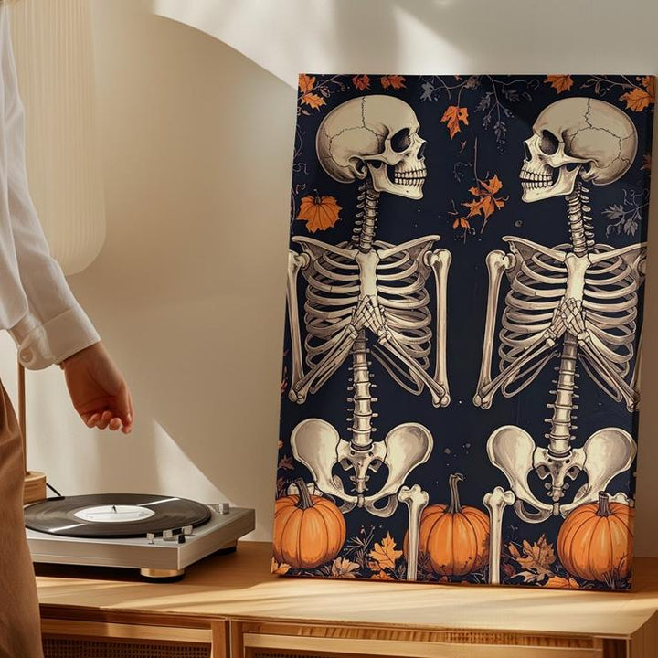 Mirrored Skeletons & Pumpkin Vines Canvas – Gothic Folk Halloween Art - Gifitto