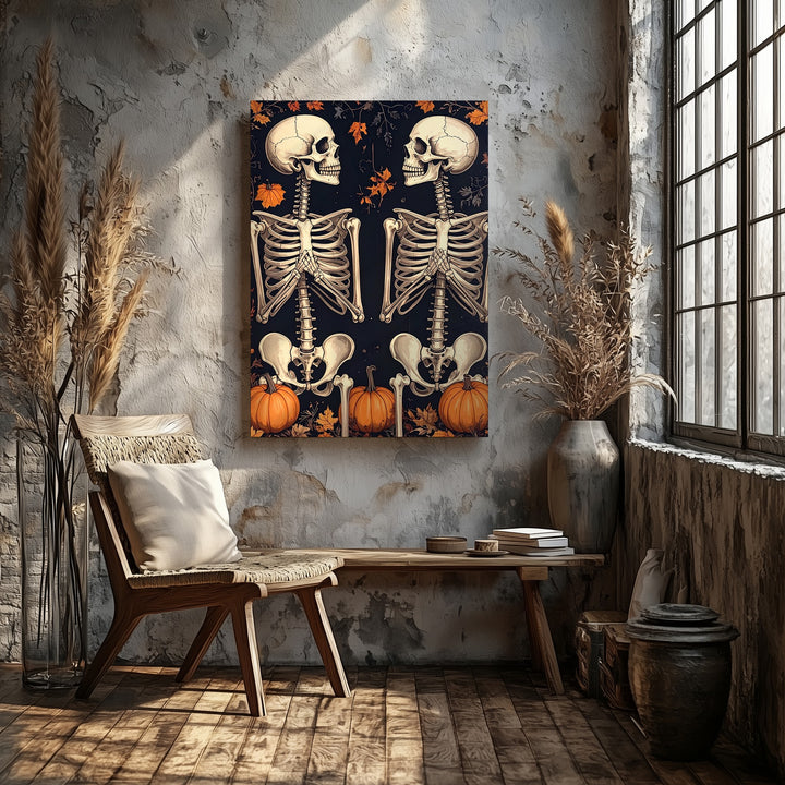Mirrored Skeletons & Pumpkin Vines Canvas – Gothic Folk Halloween Art - Gifitto