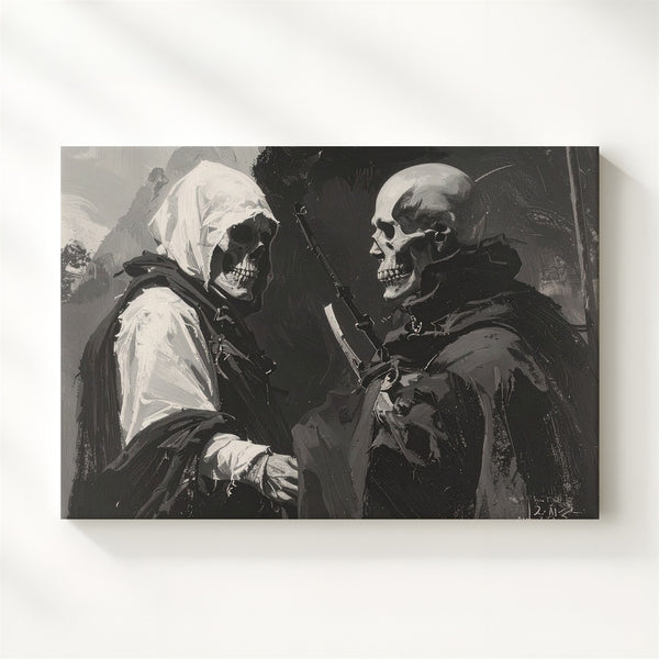 Cloaked Figures in Ash Canvas – Expressionist Post-Apocalyptic Halloween Art - Gifitto