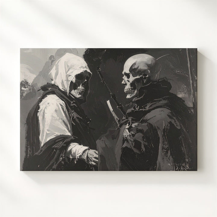 Cloaked Figures in Ash Canvas – Expressionist Post-Apocalyptic Halloween Art - Gifitto
