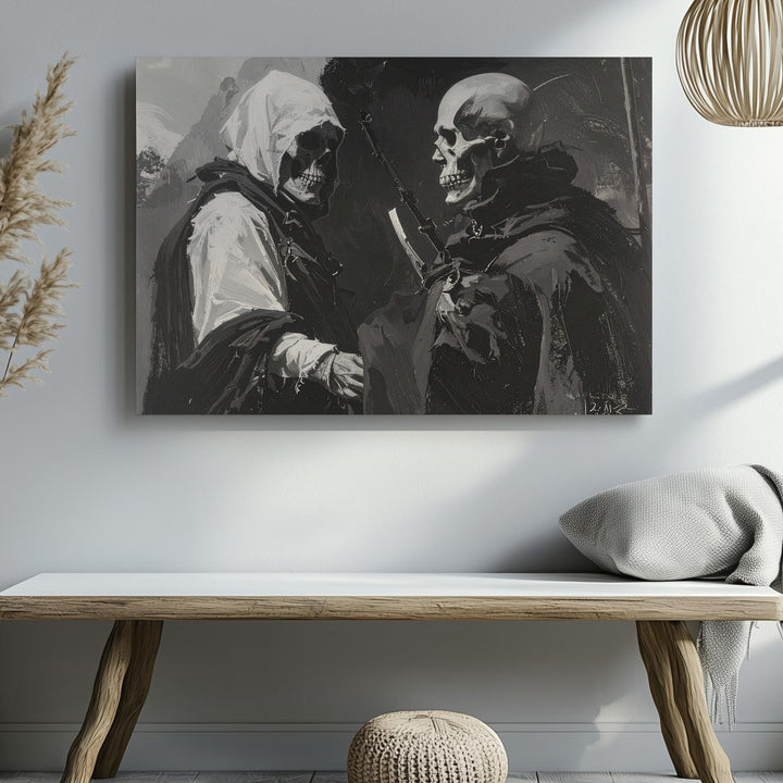 Cloaked Figures in Ash Canvas – Expressionist Post-Apocalyptic Halloween Art - Gifitto