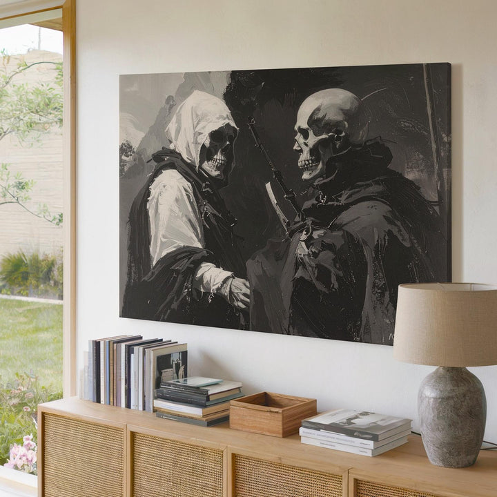 Cloaked Figures in Ash Canvas – Expressionist Post-Apocalyptic Halloween Art - Gifitto