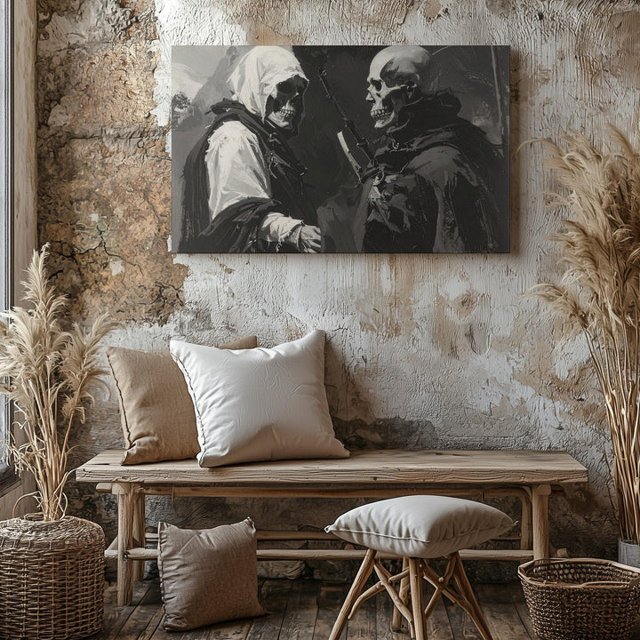 Cloaked Figures in Ash Canvas – Expressionist Post-Apocalyptic Halloween Art - Gifitto