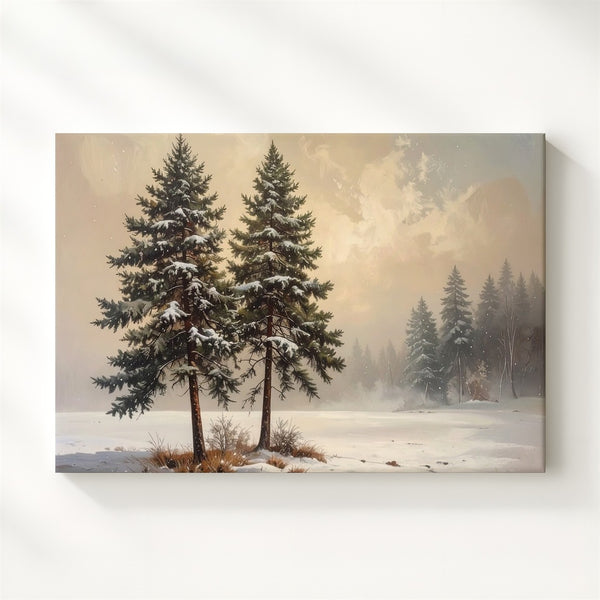 Twin Pines in Snow Canvas – Minimalist Winter Serenity Art - Gifitto