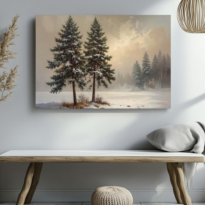 Twin Pines in Snow Canvas – Minimalist Winter Serenity Art - Gifitto