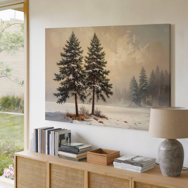 Twin Pines in Snow Canvas – Minimalist Winter Serenity Art - Gifitto
