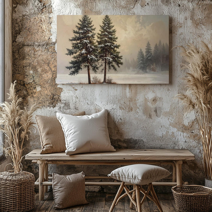 Twin Pines in Snow Canvas – Minimalist Winter Serenity Art - Gifitto