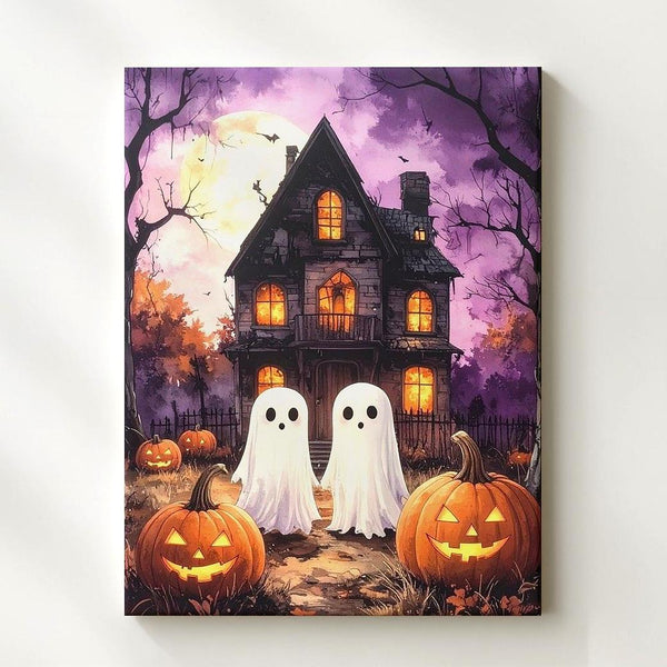 Playful Ghosts & Haunted House Canvas – Whimsical Halloween Wall Art - Gifitto