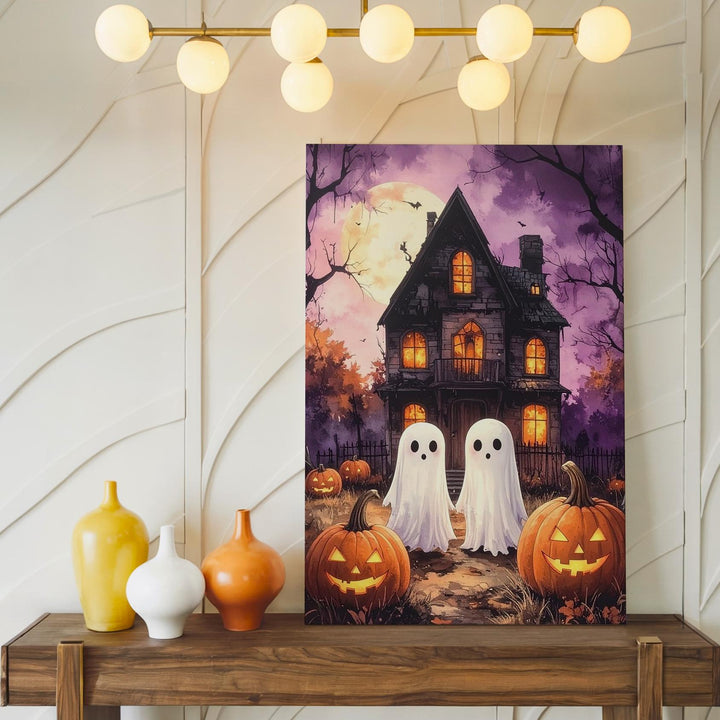 Playful Ghosts & Haunted House Canvas – Whimsical Halloween Wall Art - Gifitto