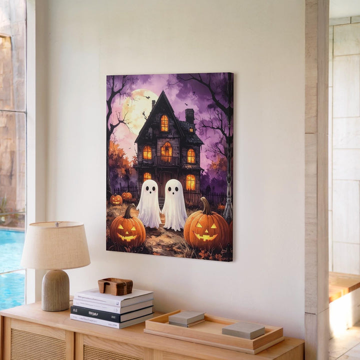 Playful Ghosts & Haunted House Canvas – Whimsical Halloween Wall Art - Gifitto