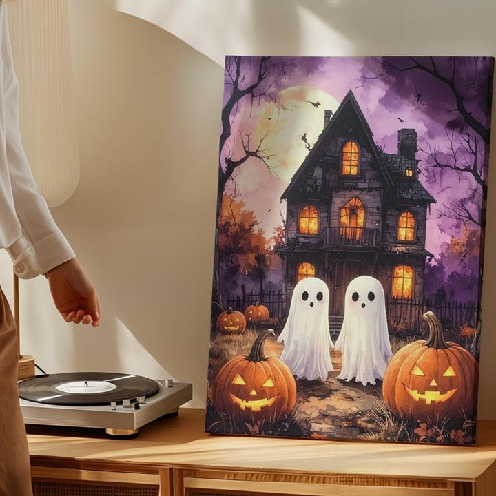 Playful Ghosts & Haunted House Canvas – Whimsical Halloween Wall Art - Gifitto
