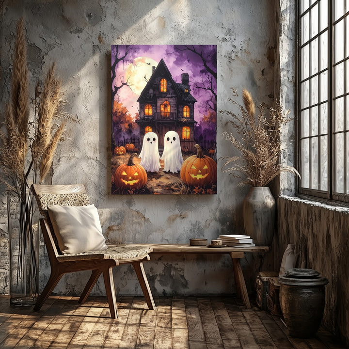 Playful Ghosts & Haunted House Canvas – Whimsical Halloween Wall Art - Gifitto