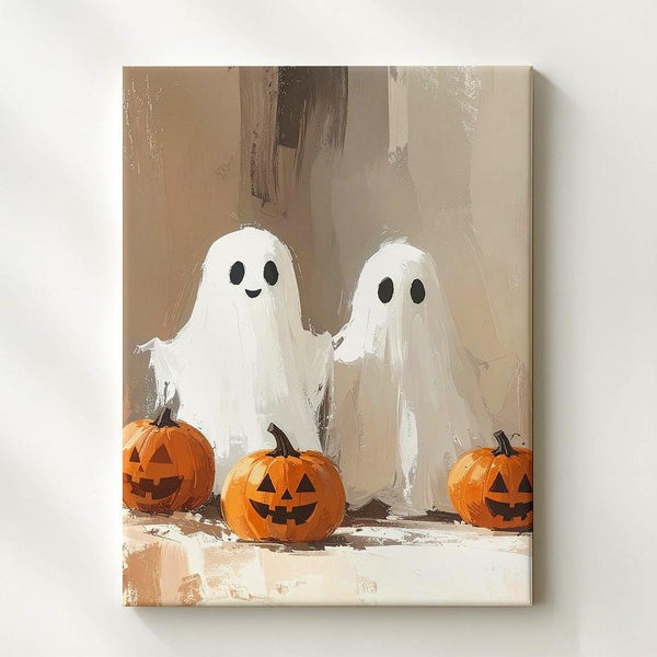 Friendly Ghost & Pumpkin Canvas – Whimsical Halloween Kids Wall Art - Gifitto