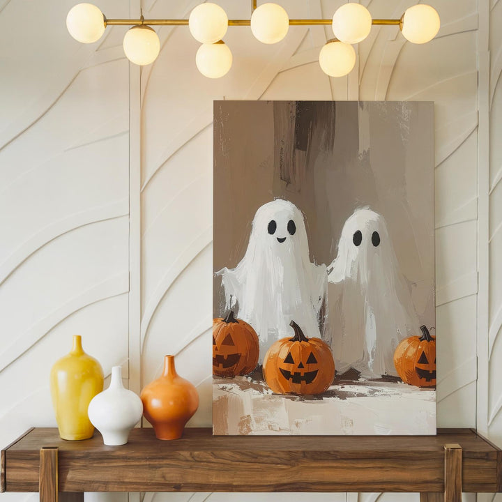 Friendly Ghost & Pumpkin Canvas – Whimsical Halloween Kids Wall Art - Gifitto