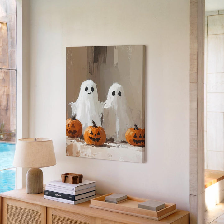 Friendly Ghost & Pumpkin Canvas – Whimsical Halloween Kids Wall Art - Gifitto