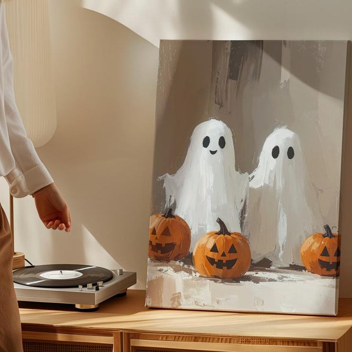 Friendly Ghost & Pumpkin Canvas – Whimsical Halloween Kids Wall Art - Gifitto