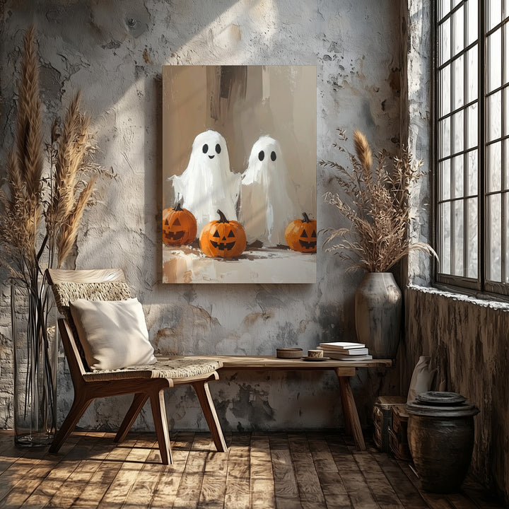 Friendly Ghost & Pumpkin Canvas – Whimsical Halloween Kids Wall Art - Gifitto