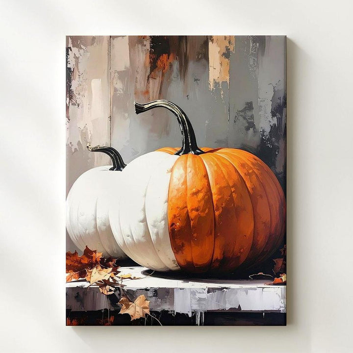 White & Orange Pumpkin Duo Canvas – Neutral Autumn Wall Art - Gifitto