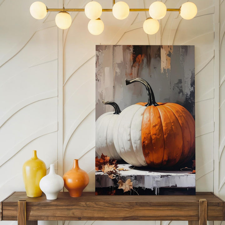 White & Orange Pumpkin Duo Canvas – Neutral Autumn Wall Art - Gifitto