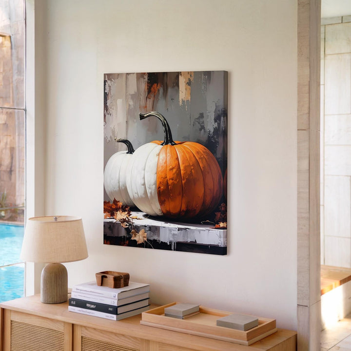 White & Orange Pumpkin Duo Canvas – Neutral Autumn Wall Art - Gifitto